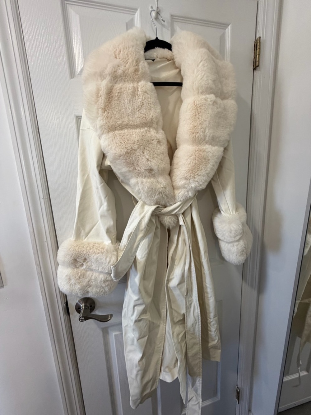 Cream Faux Fur Trim Long Robe Coat